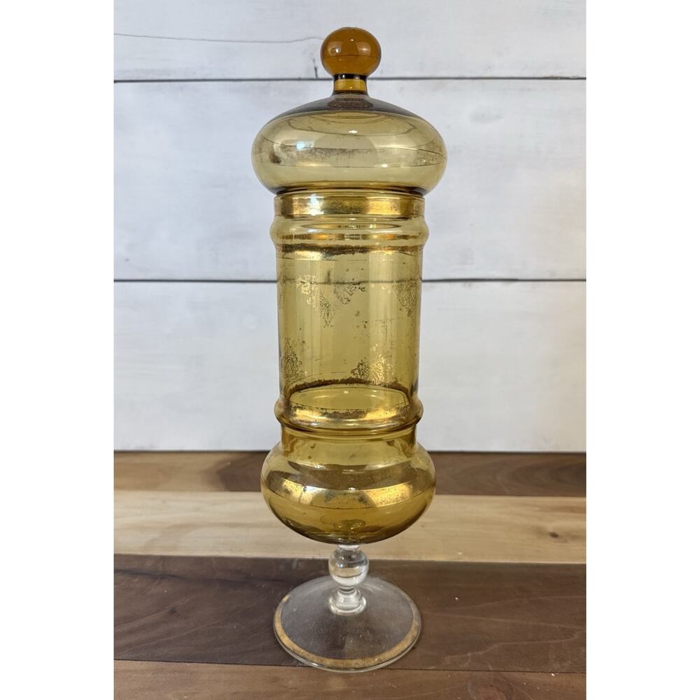 Vintage Empoli Italian Amber Apothecary Candy Jar Circus Tent Pedestal Foot 15”